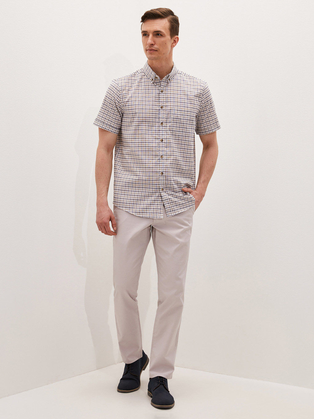 Bej Regular Fit Kısa Kollu Oxford Erkek Gömlek-1