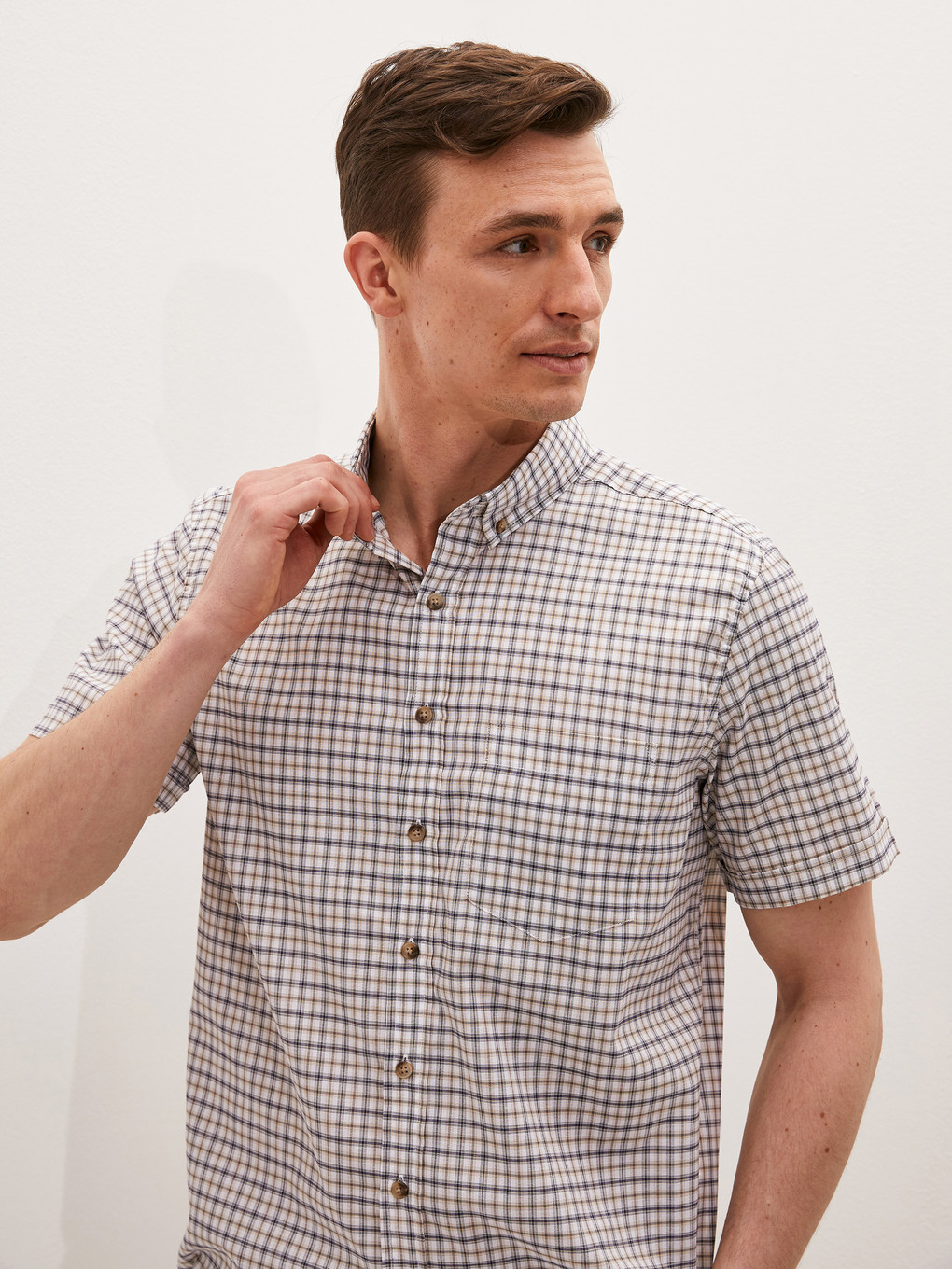 Bej Regular Fit Kısa Kollu Oxford Erkek Gömlek-2