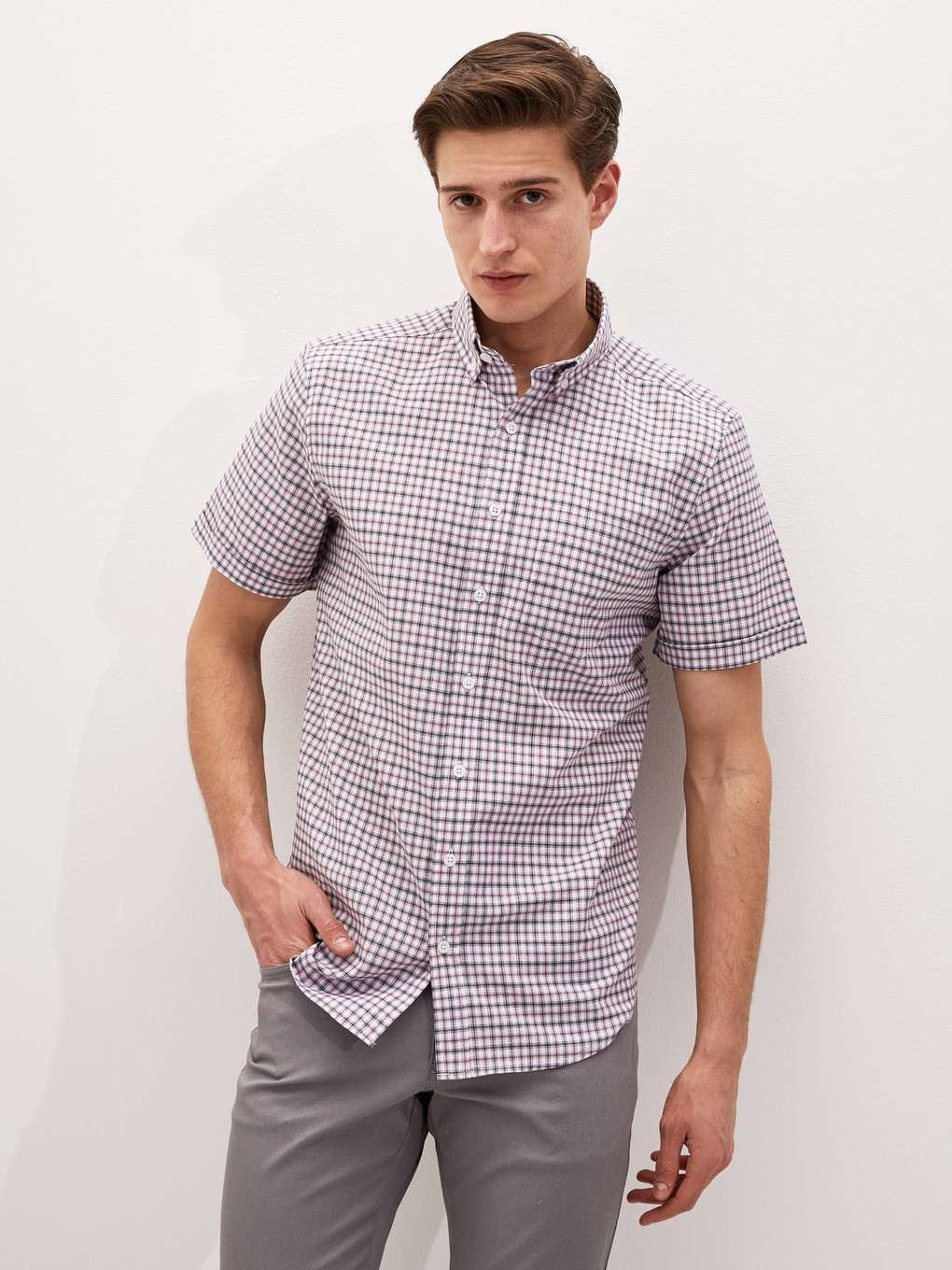 Mor Regular Fit Kısa Kollu Oxford Erkek Gömlek