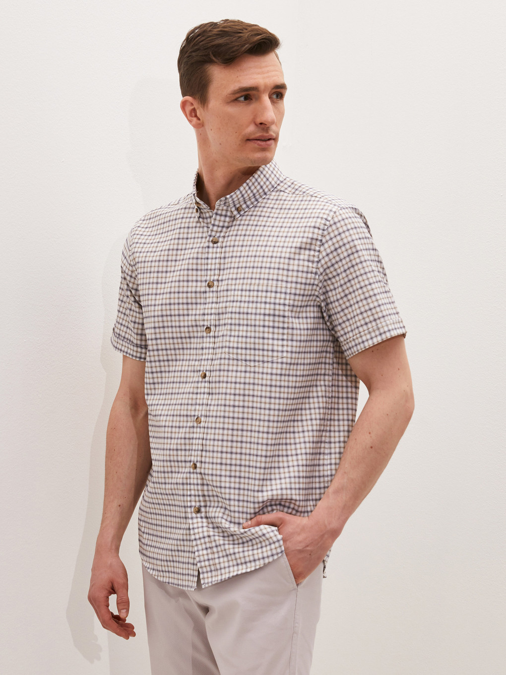 Bej Regular Fit Kısa Kollu Oxford Erkek Gömlek