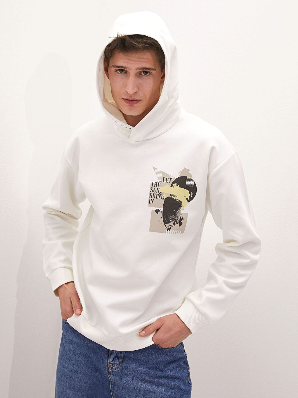 Ekru Uzun Kollu Baskılı Erkek Hoodie-1
