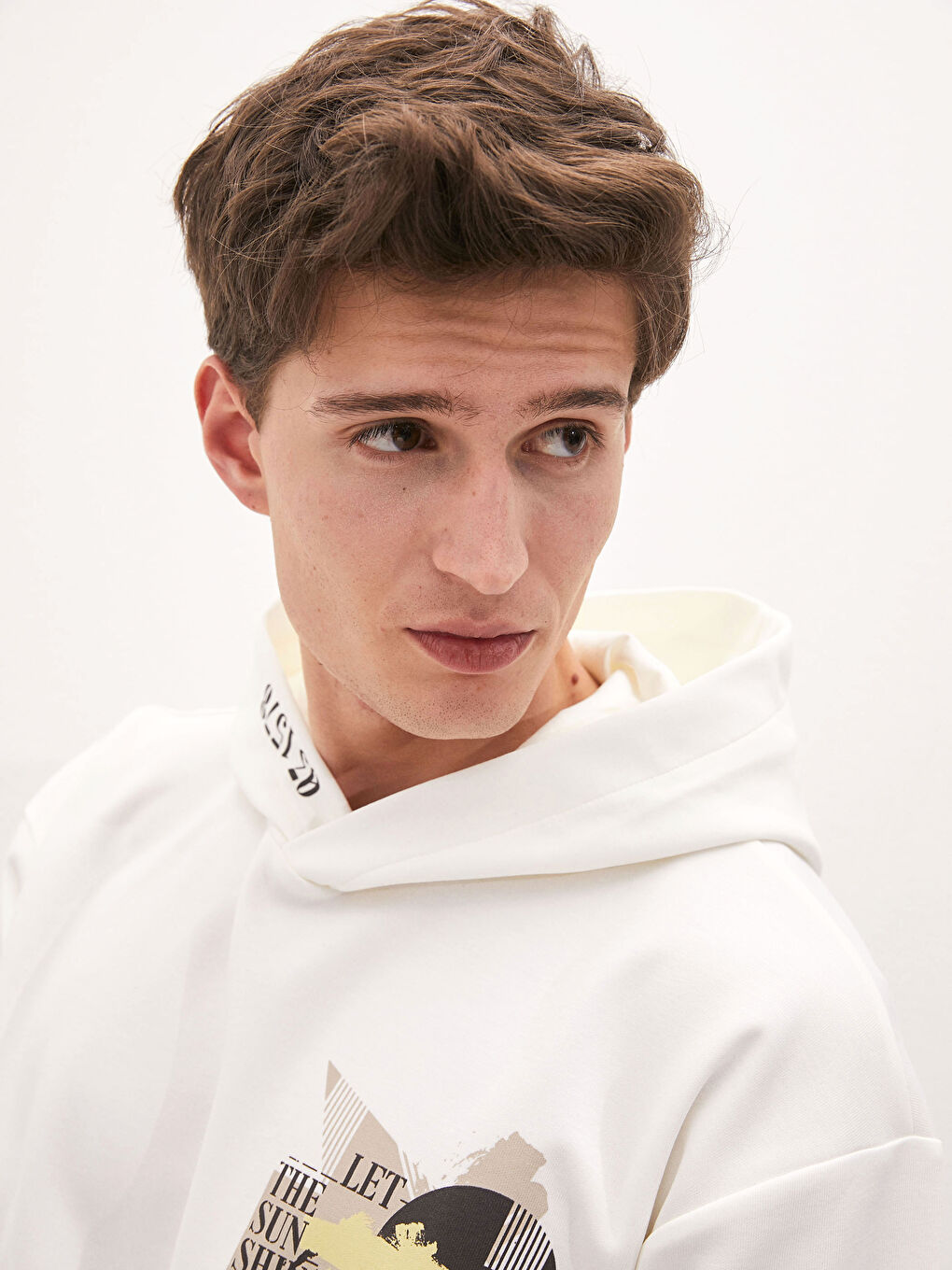 Ekru Uzun Kollu Baskılı Erkek Hoodie-2