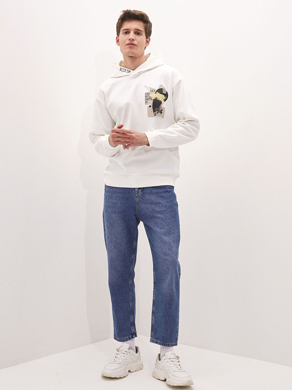 Ekru Uzun Kollu Baskılı Erkek Hoodie-3