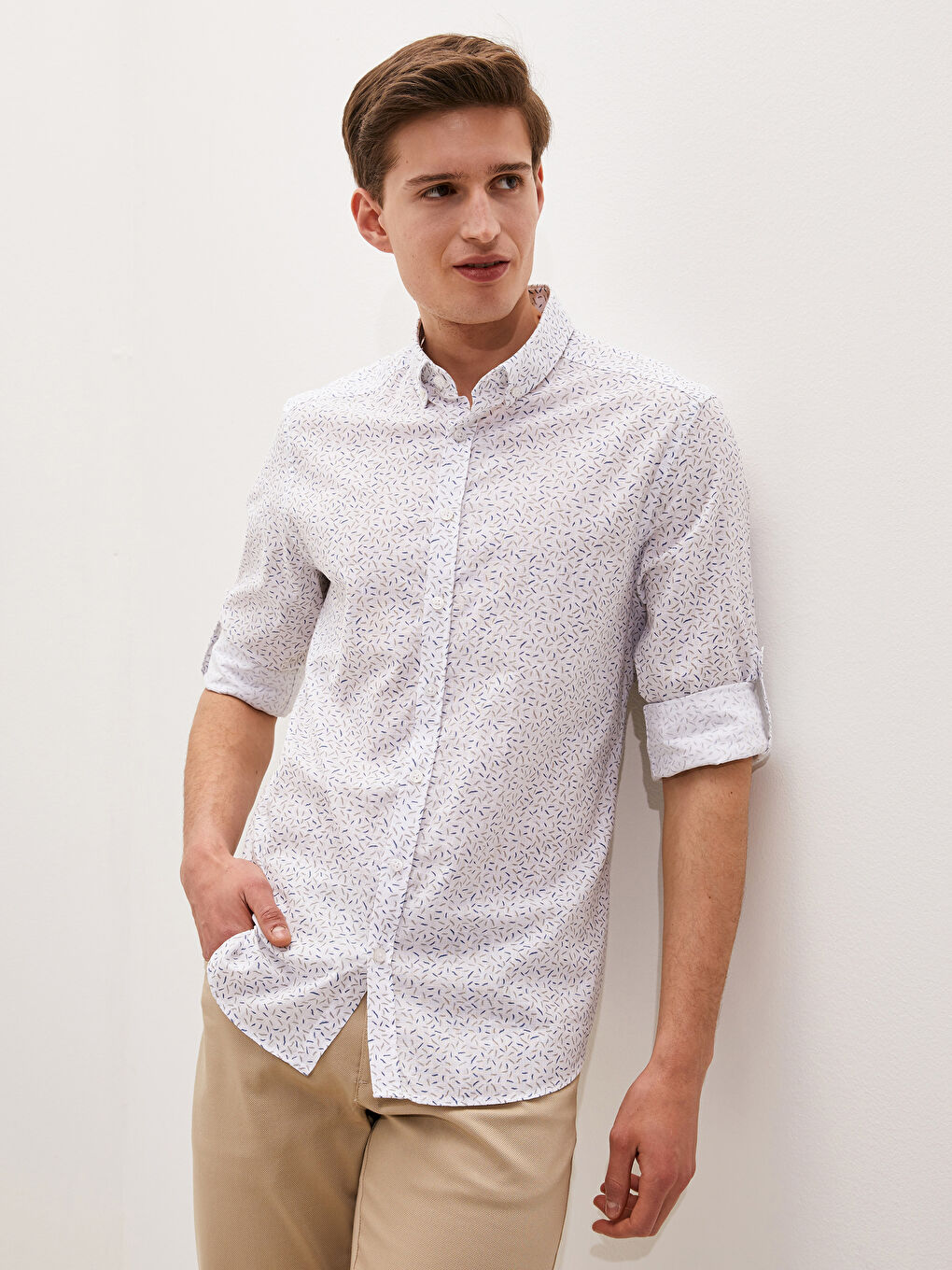 قميص بوبلين كم طويل رفيع للرجال-2