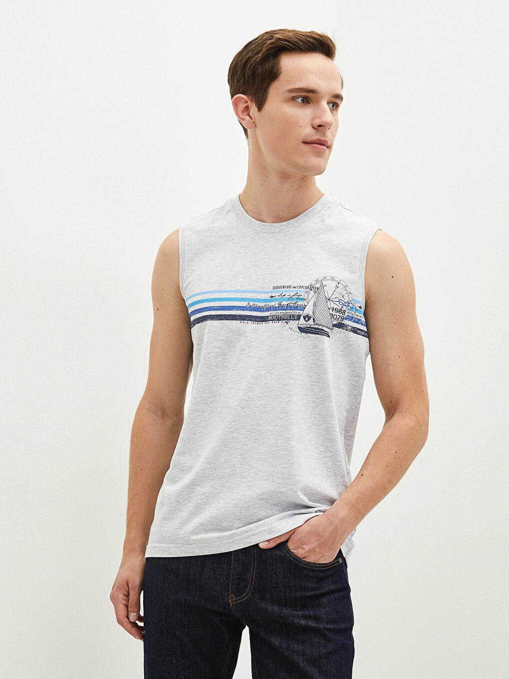 Bej Bisiklet Yaka Baskılı Erkek Kolsuz Tişört-2