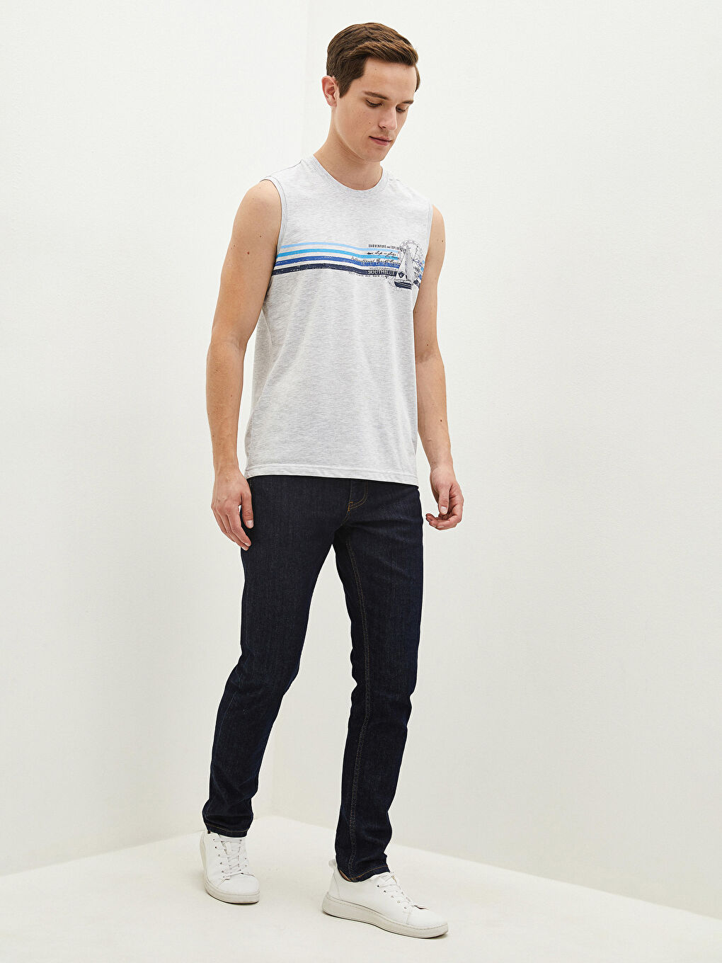 Bej Bisiklet Yaka Baskılı Erkek Kolsuz Tişört-3