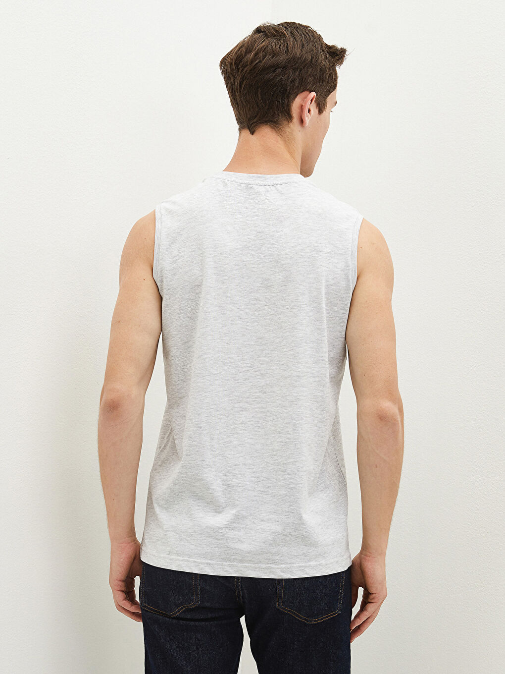 Bej Bisiklet Yaka Baskılı Erkek Kolsuz Tişört-4