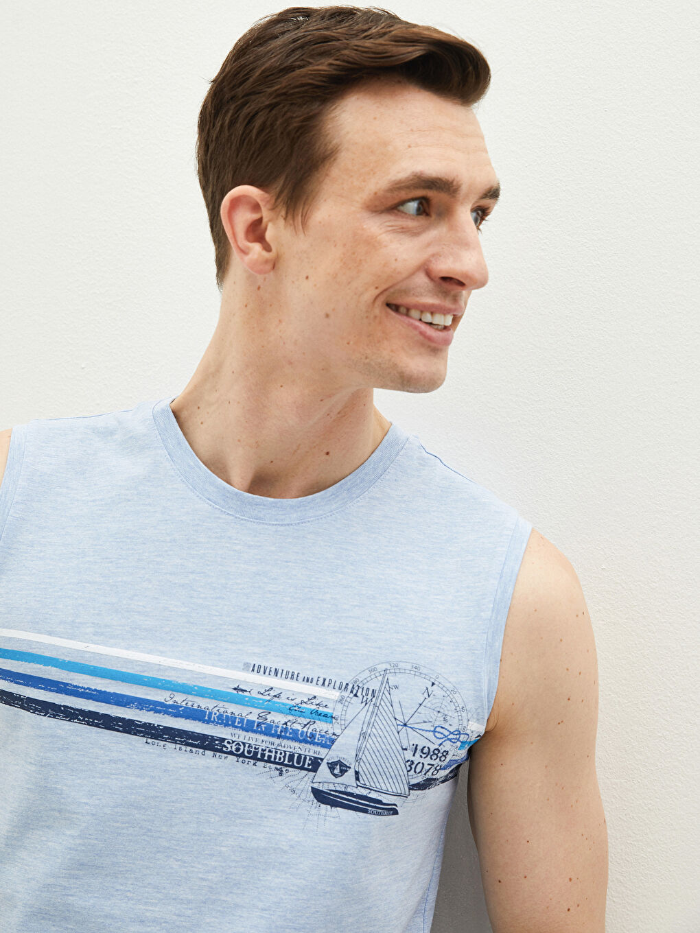 Mavi Bisiklet Yaka Baskılı Erkek Kolsuz Tişört-1