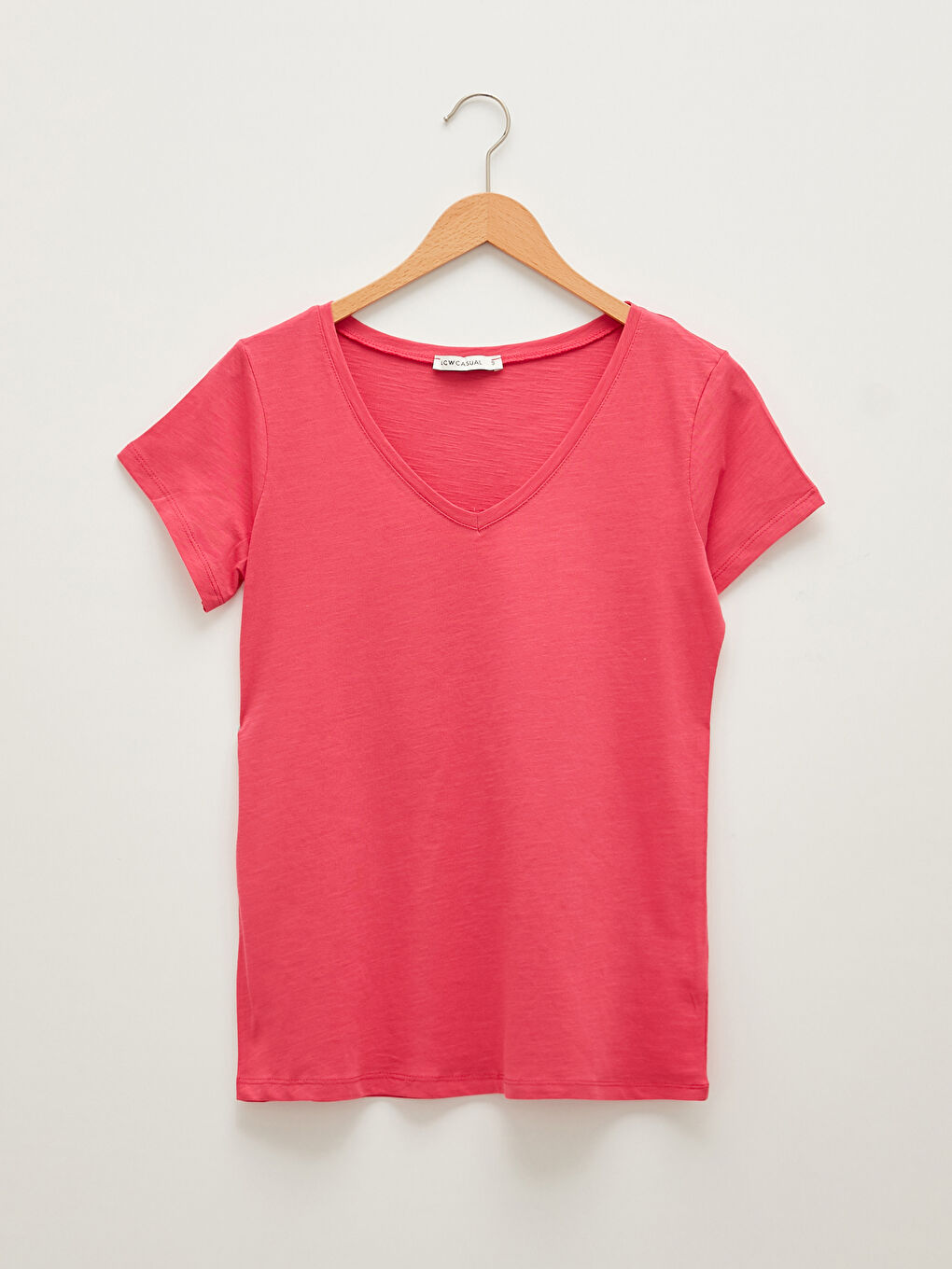 Pembe V  Yaka Düz Kısa Kollu Pamuklu Kadın Tişört-5