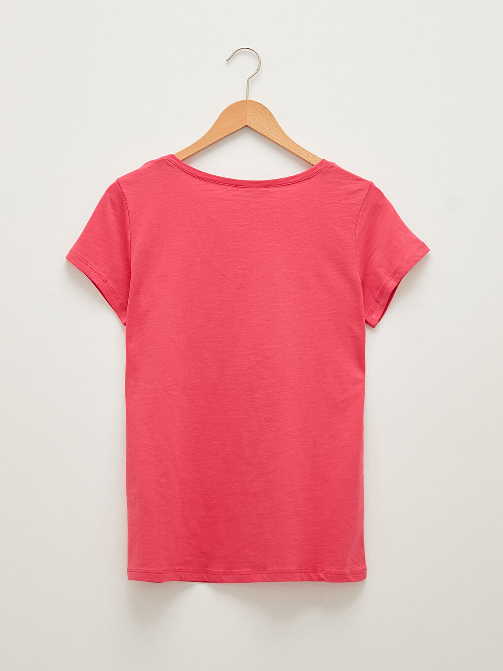 Pembe V  Yaka Düz Kısa Kollu Pamuklu Kadın Tişört-6