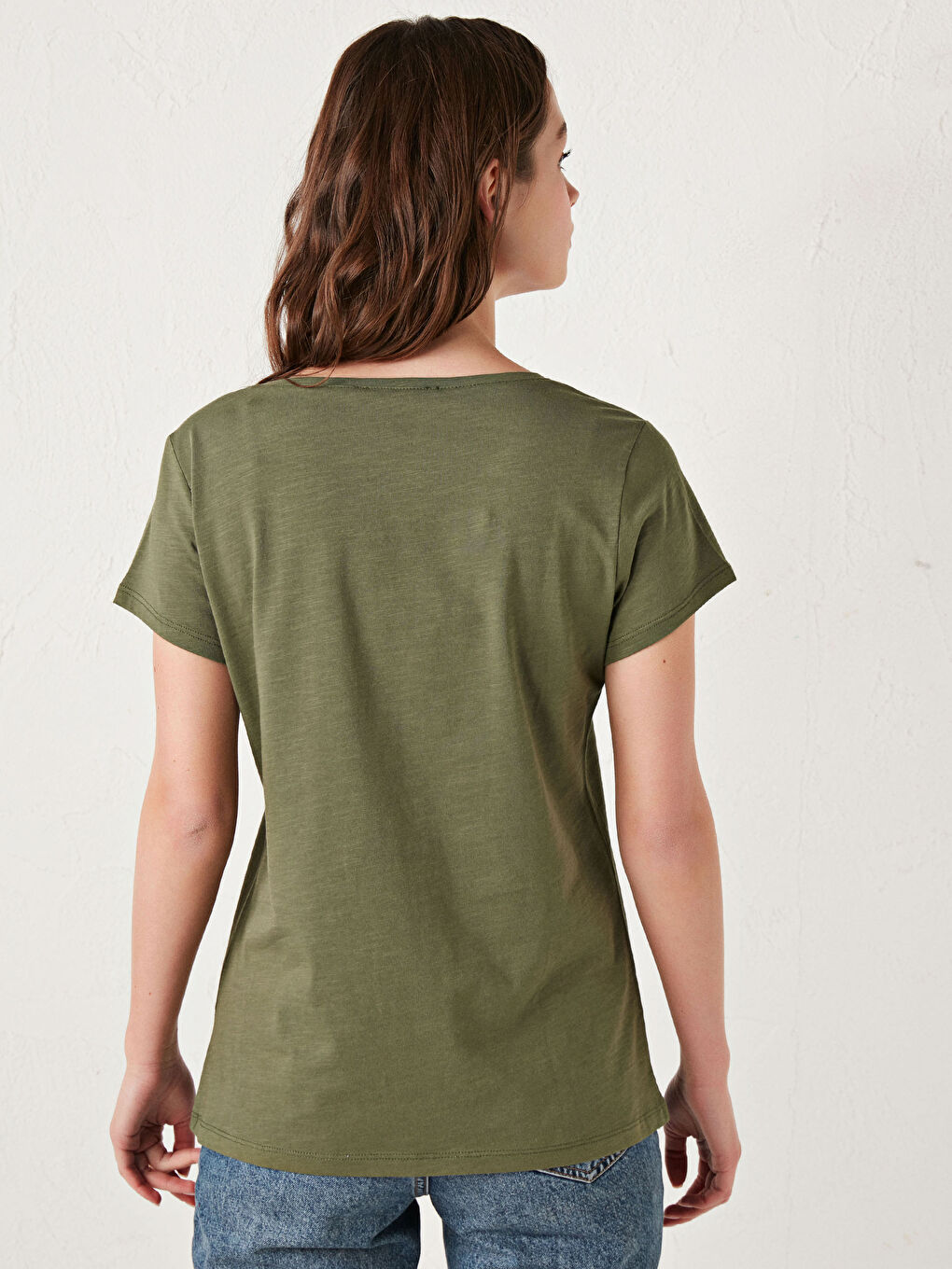 Haki Pamuklu V Yaka Düz Tişört-9