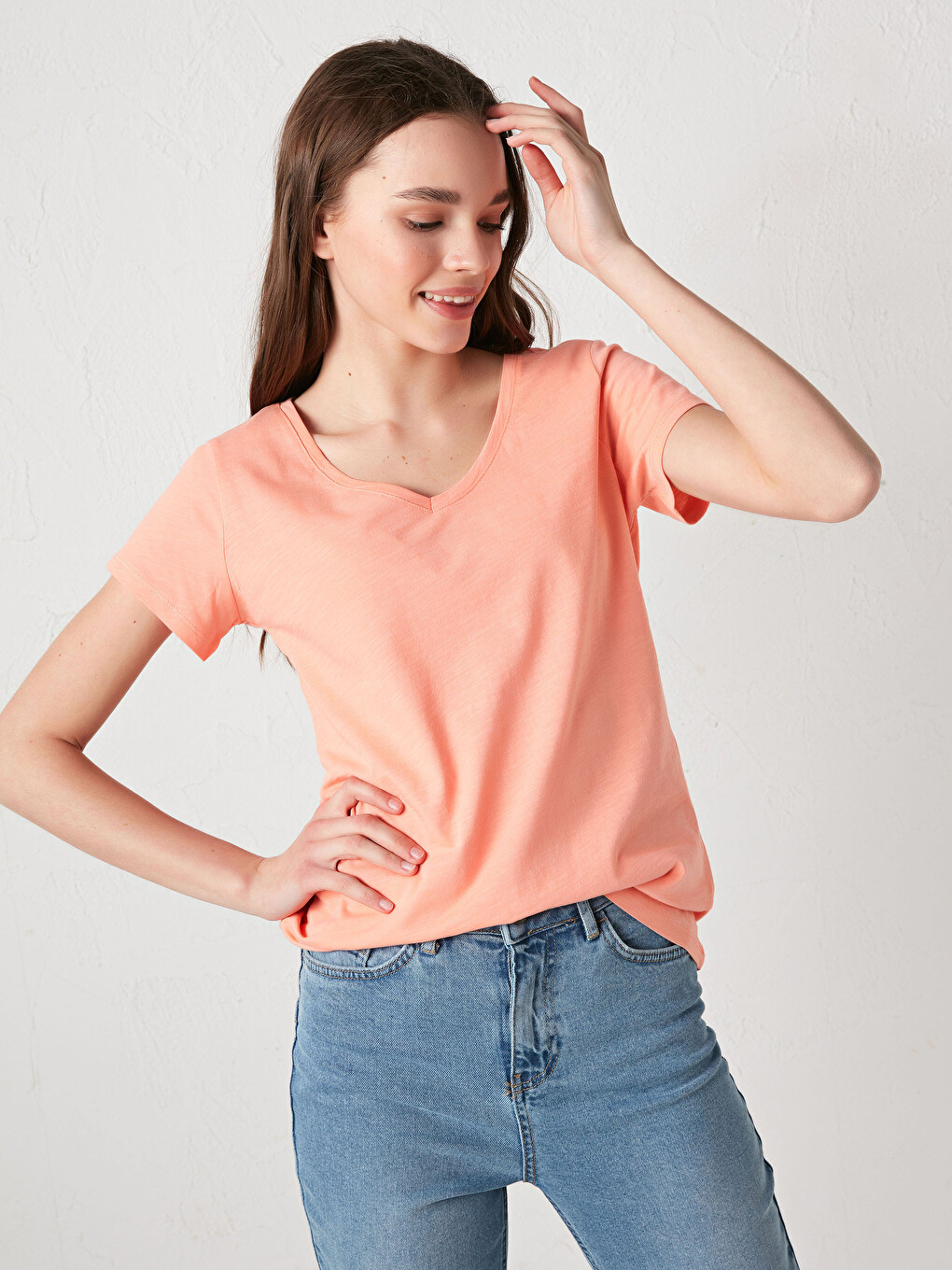 V Neck Straight Short Sleeve Cotton Women's T-shirt-1