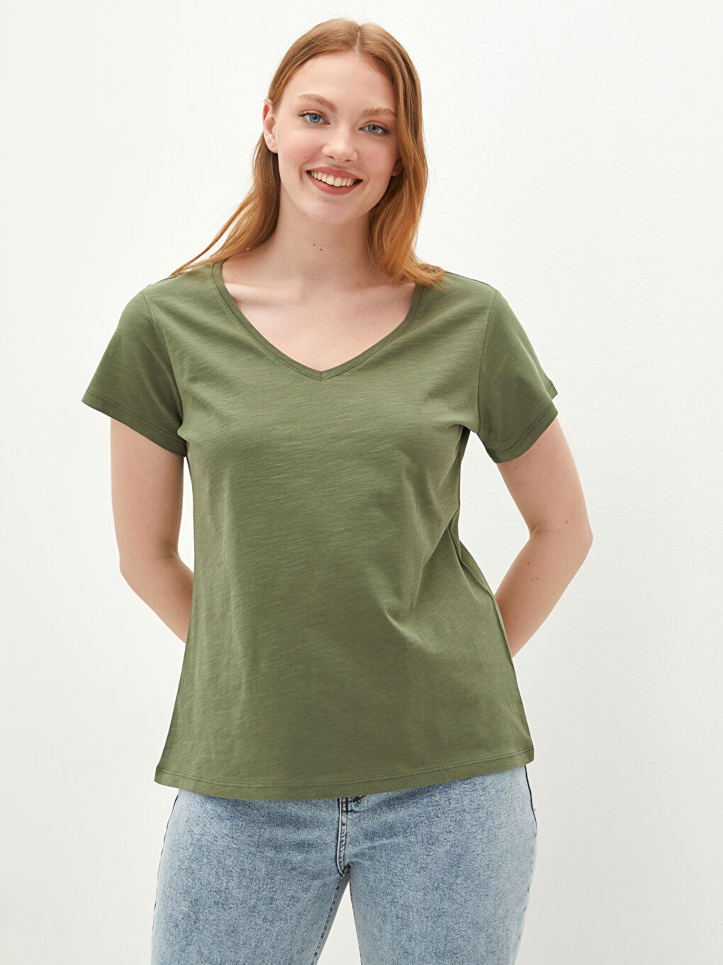 Haki Pamuklu V Yaka Düz Tişört-1