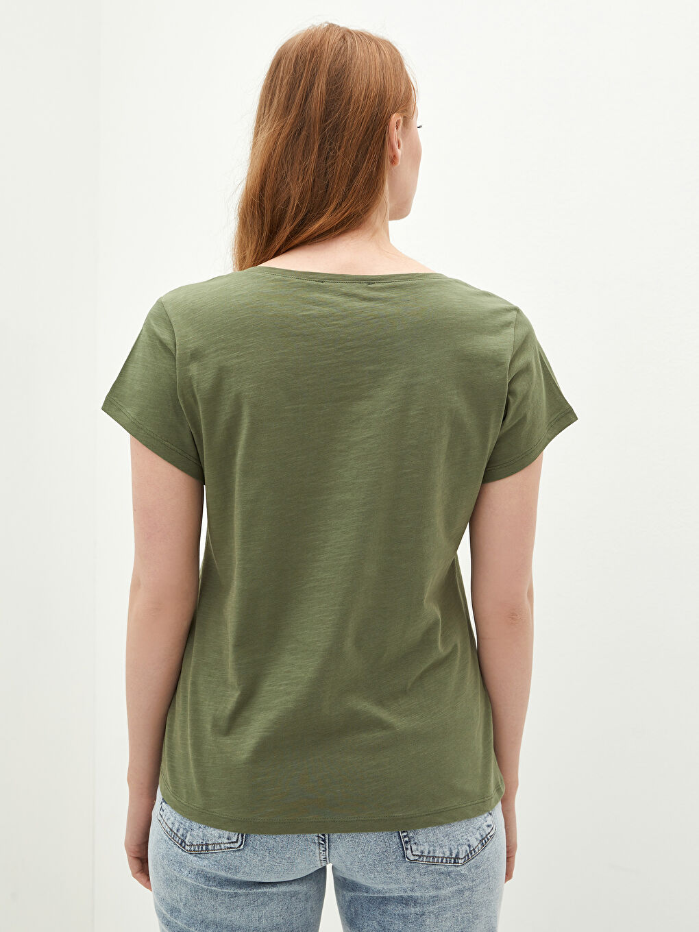 Haki Pamuklu V Yaka Düz Tişört-4