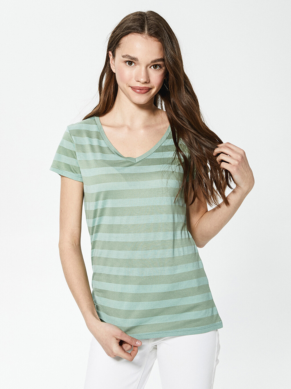 V-neck Striped Short Sleeve Women's T-shirt