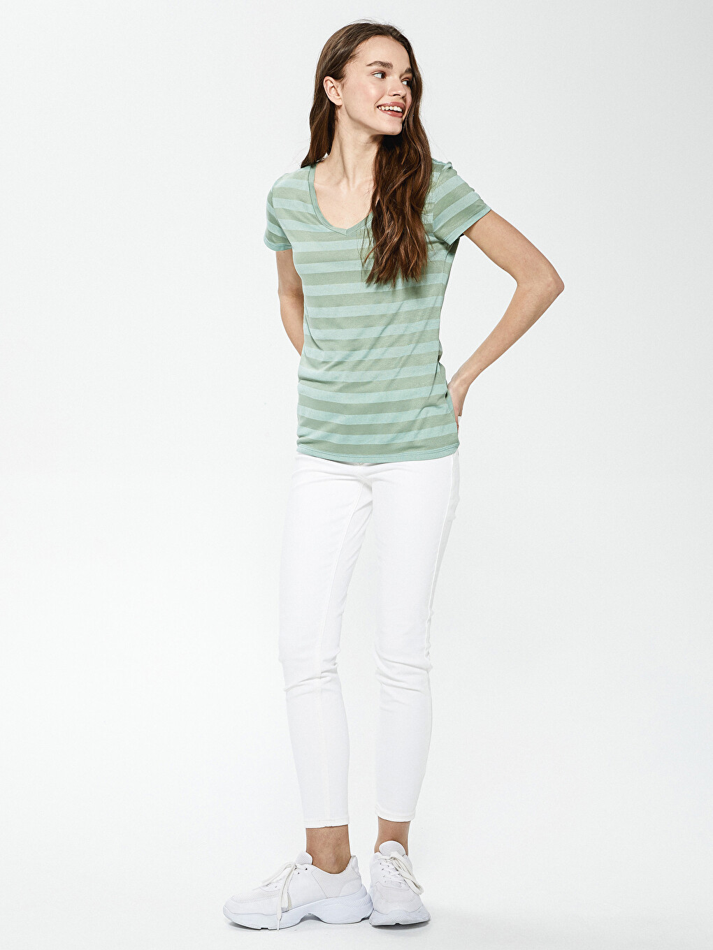V-neck Striped Short Sleeve Women's T-shirt-3