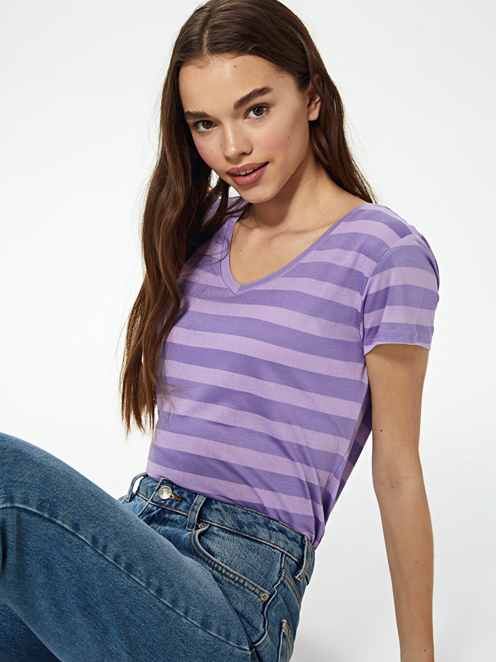 V-neck Striped Short Sleeve Women's T-shirt-9