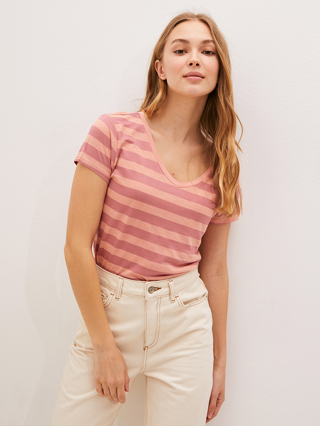 V-neck Striped Short Sleeve Women's T-shirt