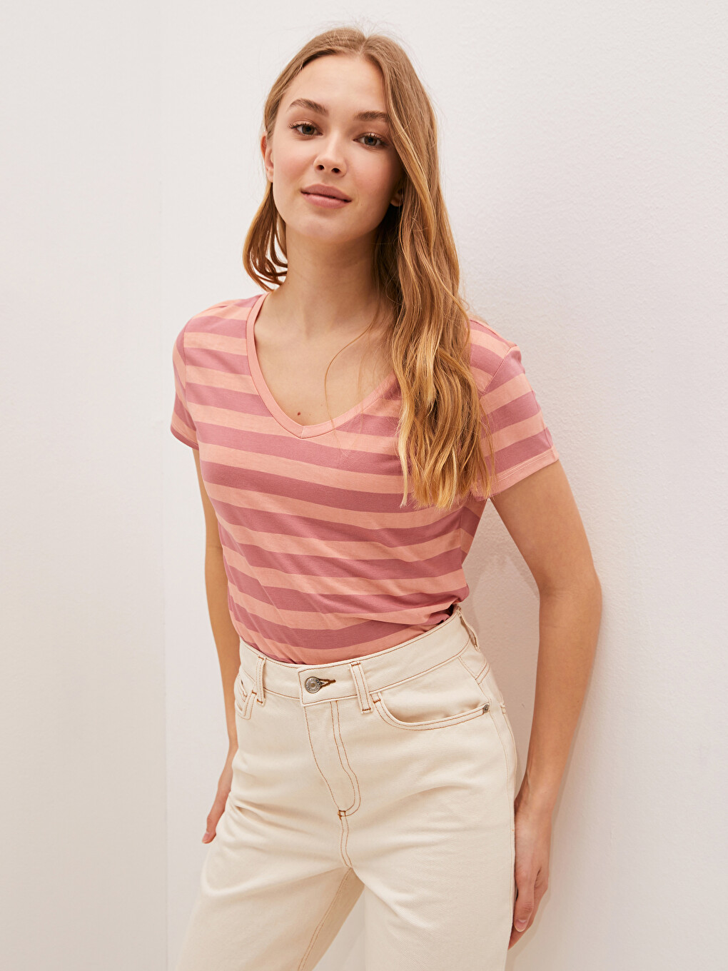 V-neck Striped Short Sleeve Women's T-shirt-1