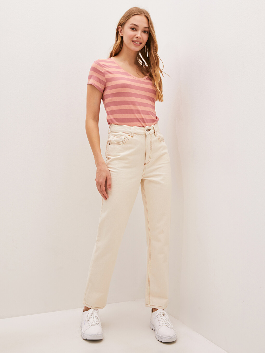 V-neck Striped Short Sleeve Women's T-shirt-2