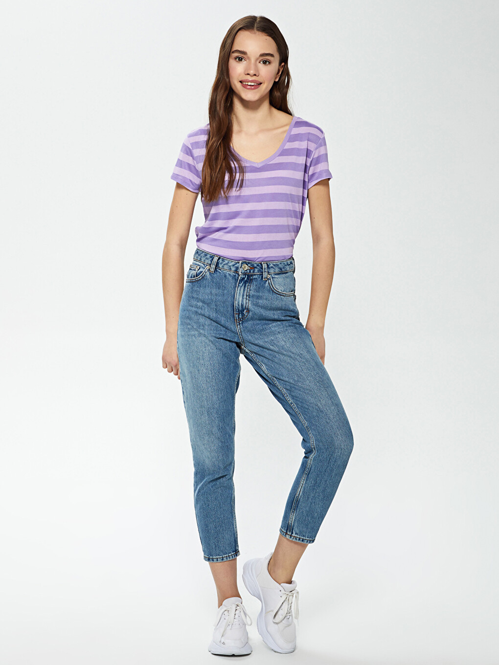V-neck Striped Short Sleeve Women's T-shirt-1