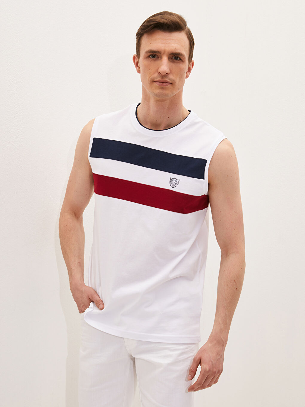 Beyaz Bisiklet Yaka Renk Bloklu Pamuklu Erkek Kolsuz Tişört