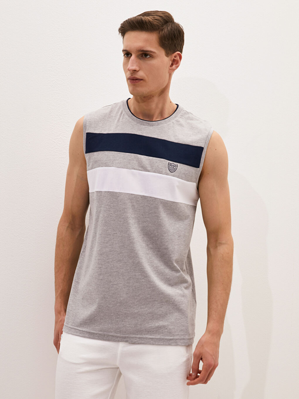 Gri Bisiklet Yaka Renk Bloklu Pamuklu Erkek Kolsuz Tişört