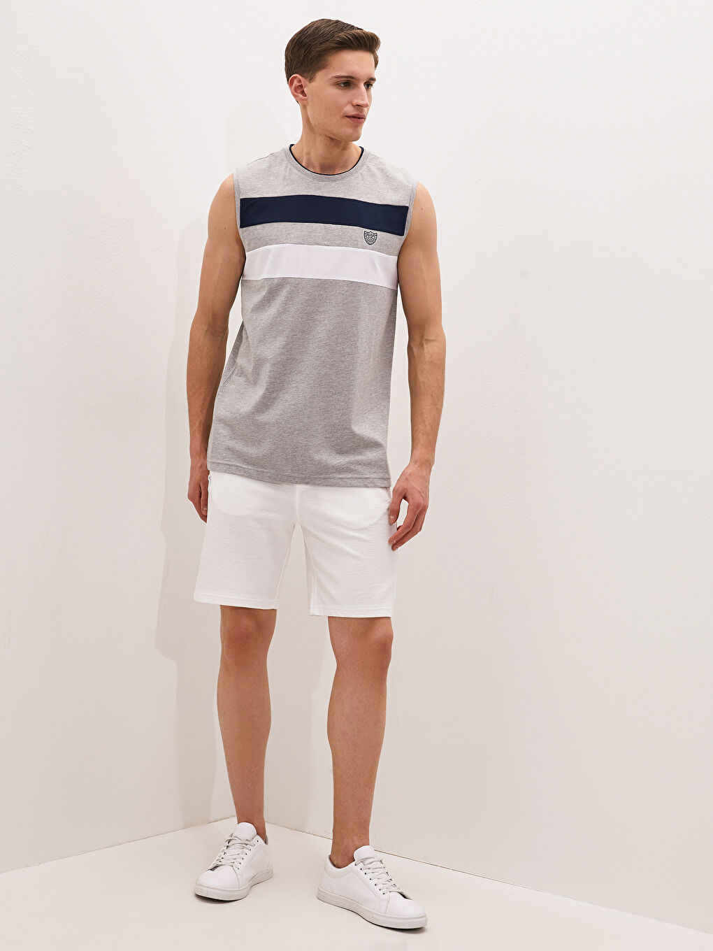 Gri Bisiklet Yaka Renk Bloklu Pamuklu Erkek Kolsuz Tişört-2