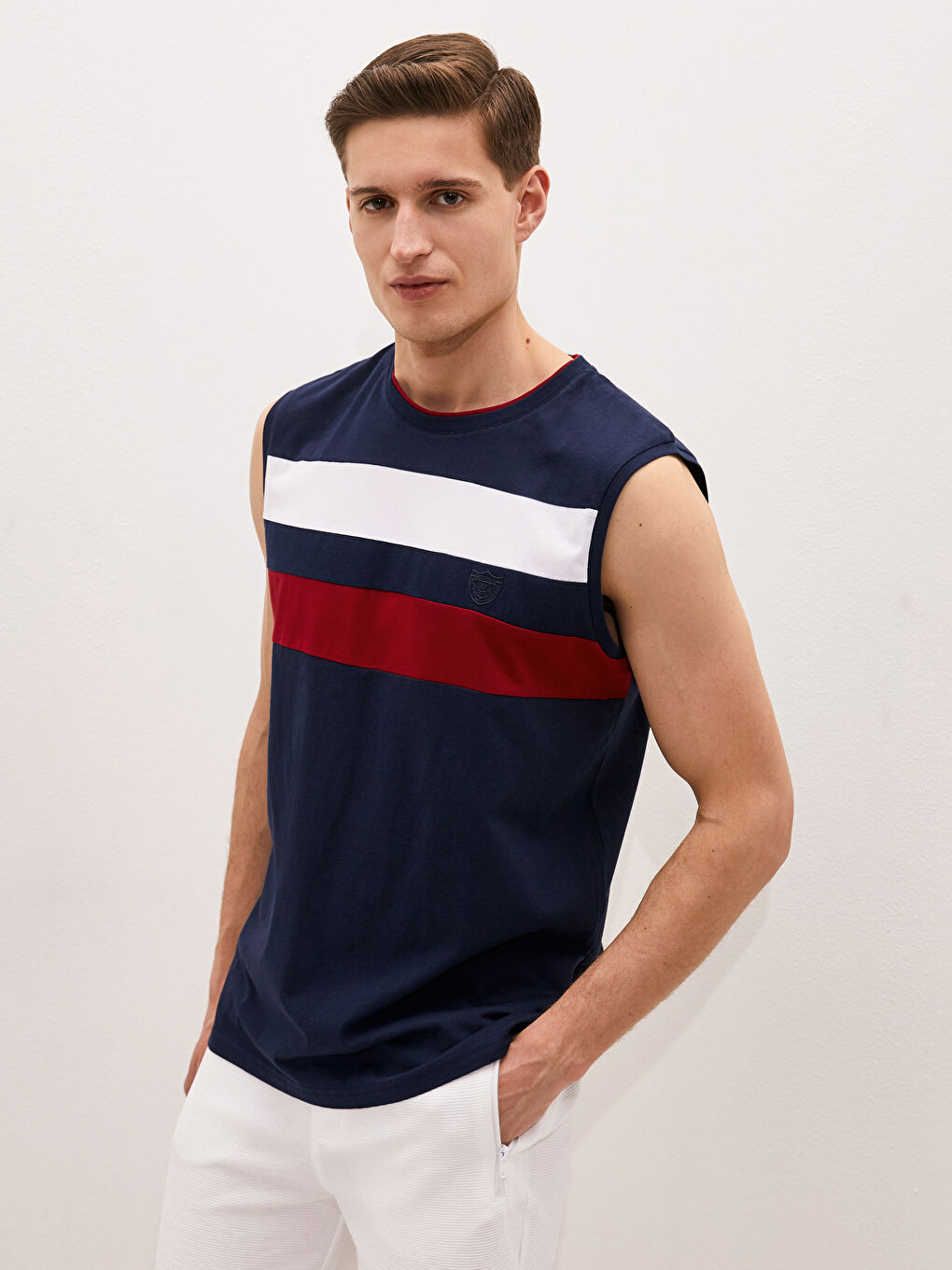 Lacivert Bisiklet Yaka Renk Bloklu Pamuklu Erkek Kolsuz Tişört