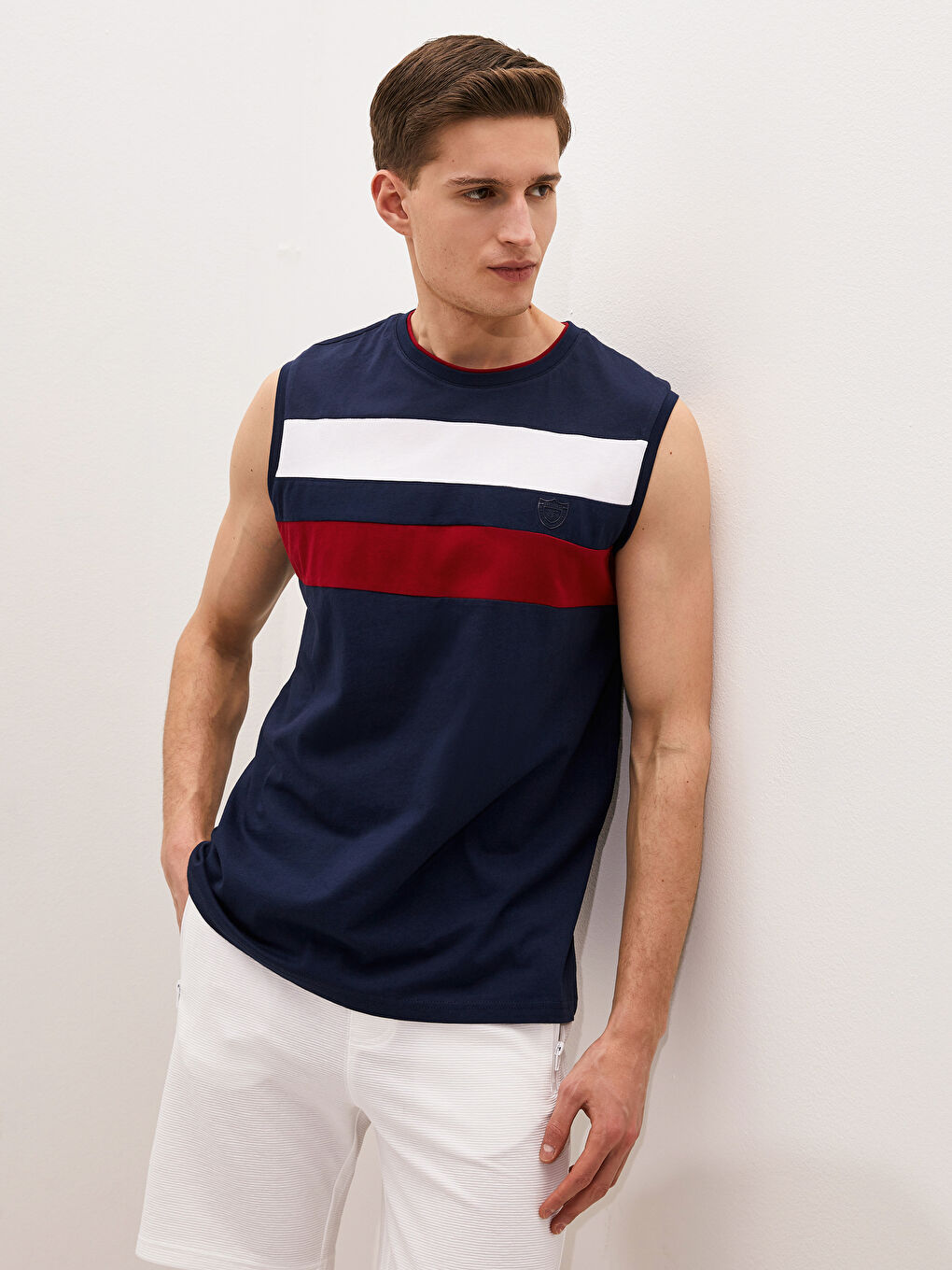 Lacivert Bisiklet Yaka Renk Bloklu Pamuklu Erkek Kolsuz Tişört-2