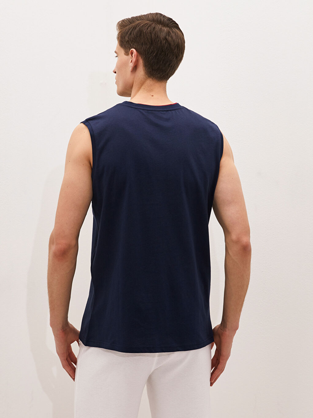 Lacivert Bisiklet Yaka Renk Bloklu Pamuklu Erkek Kolsuz Tişört-5