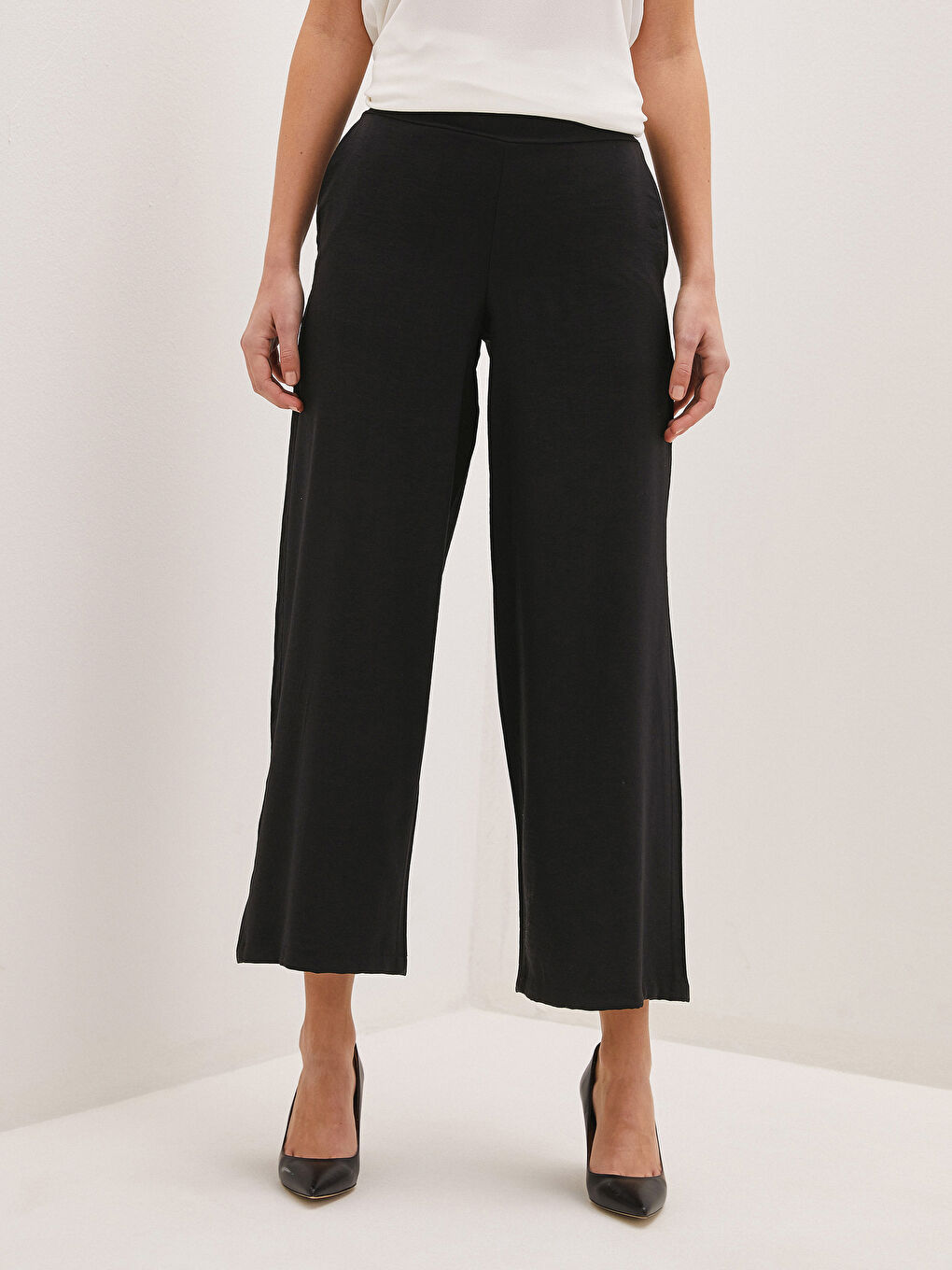 Pantalon Palazzo Femme à Jambe Large avec Taille Élastique et Détails Poches Droites-4