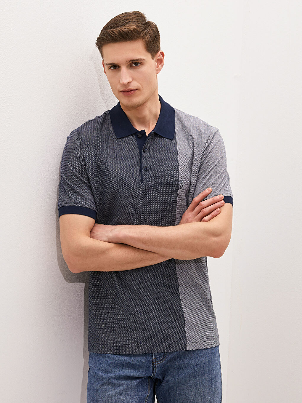 Lacivert Polo Yaka Kısa Kollu Penye Erkek Tişört-1