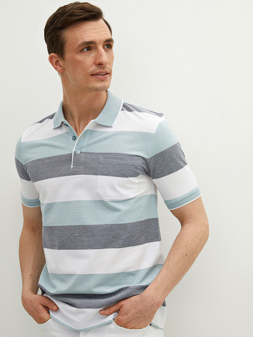 Футболка с водолазкой, полосатая, с коротким рукавом, из пике