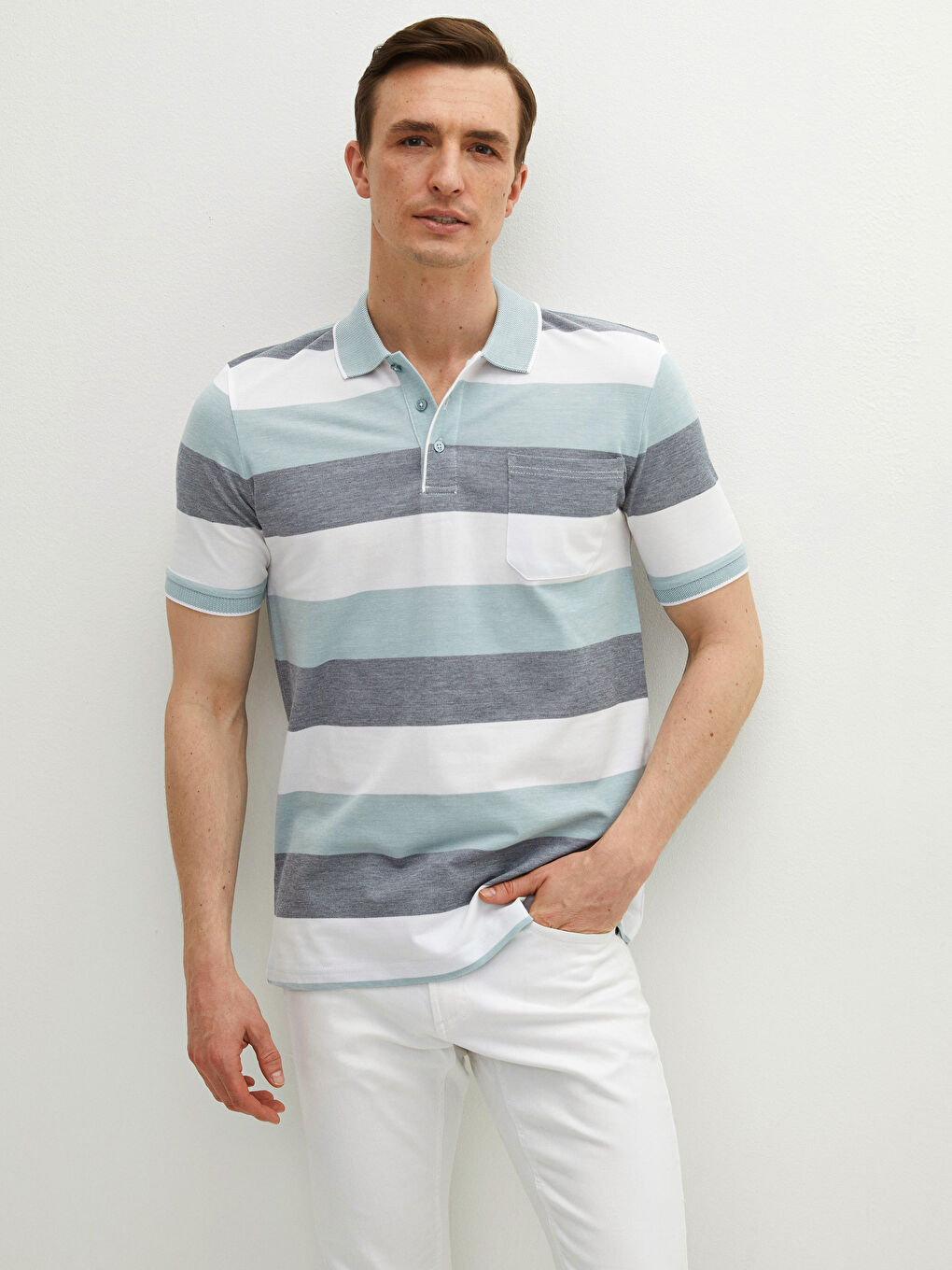 Футболка с водолазкой, полосатая, с коротким рукавом, из пике-1