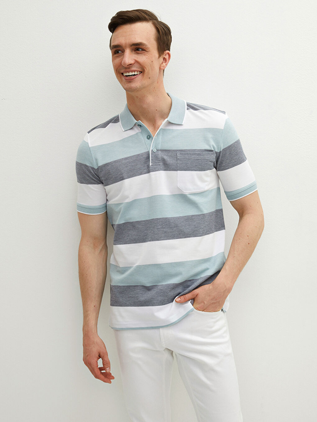 Футболка с водолазкой, полосатая, с коротким рукавом, из пике-2