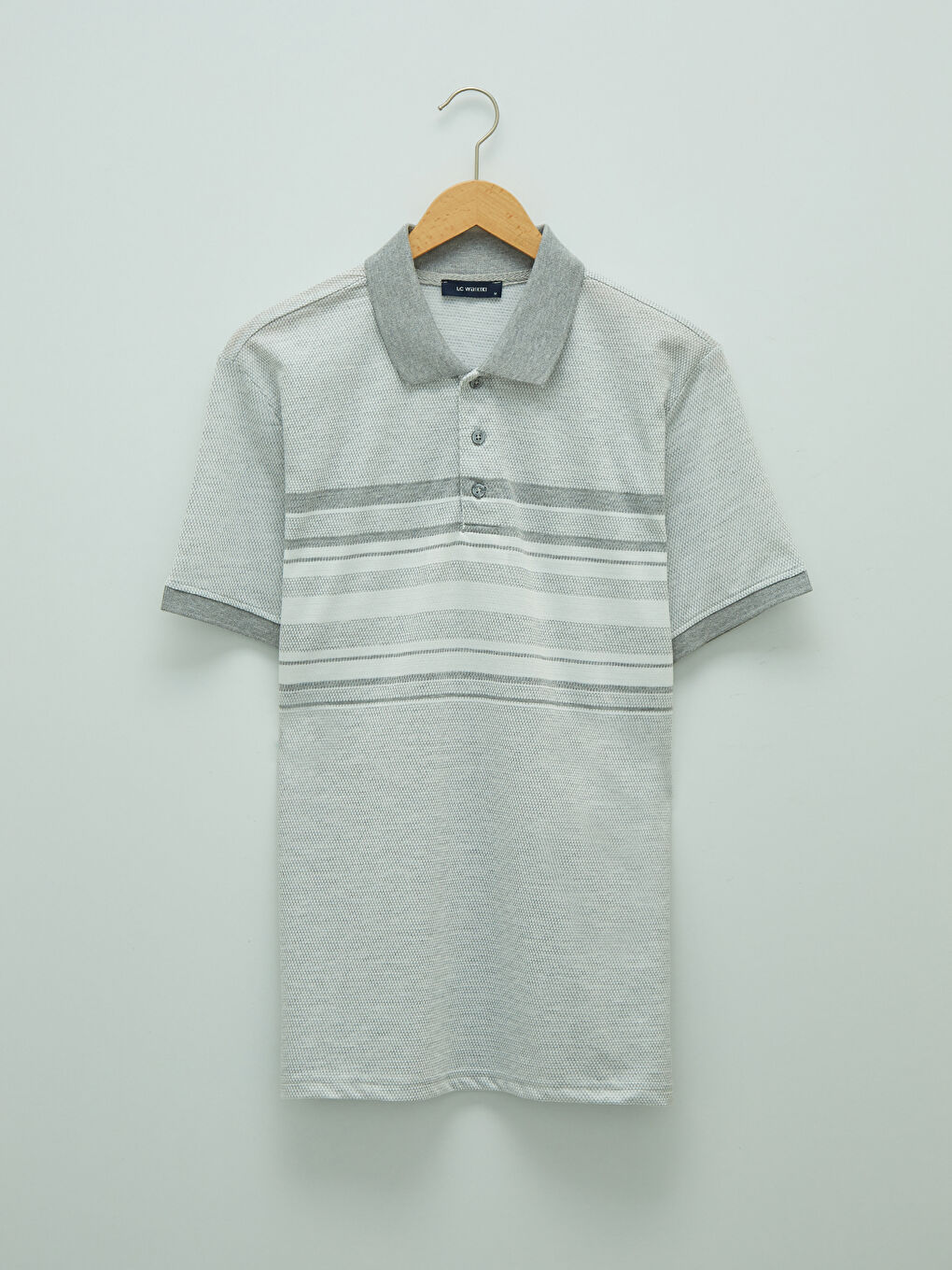 Gri Polo Yaka Kısa Kollu Çizgili Penye Erkek Tişört-5