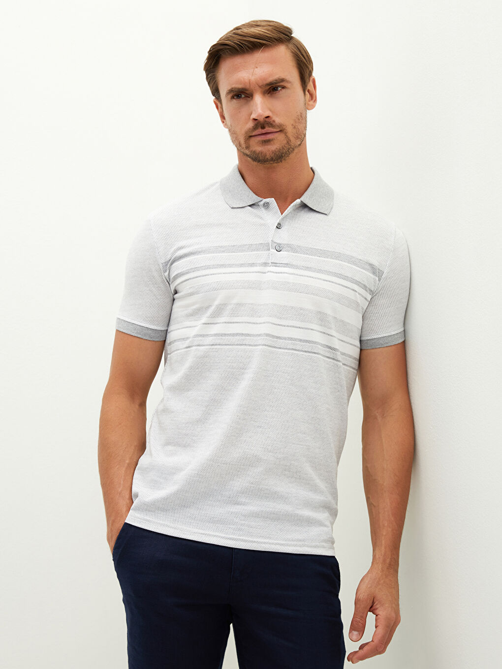 Gri Polo Yaka Kısa Kollu Çizgili Penye Erkek Tişört-1