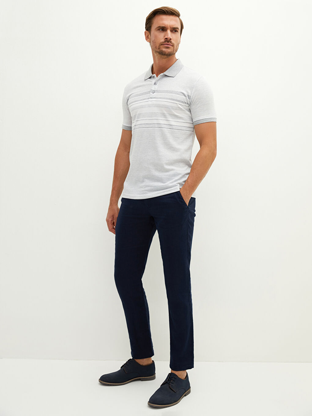 Gri Polo Yaka Kısa Kollu Çizgili Penye Erkek Tişört-2