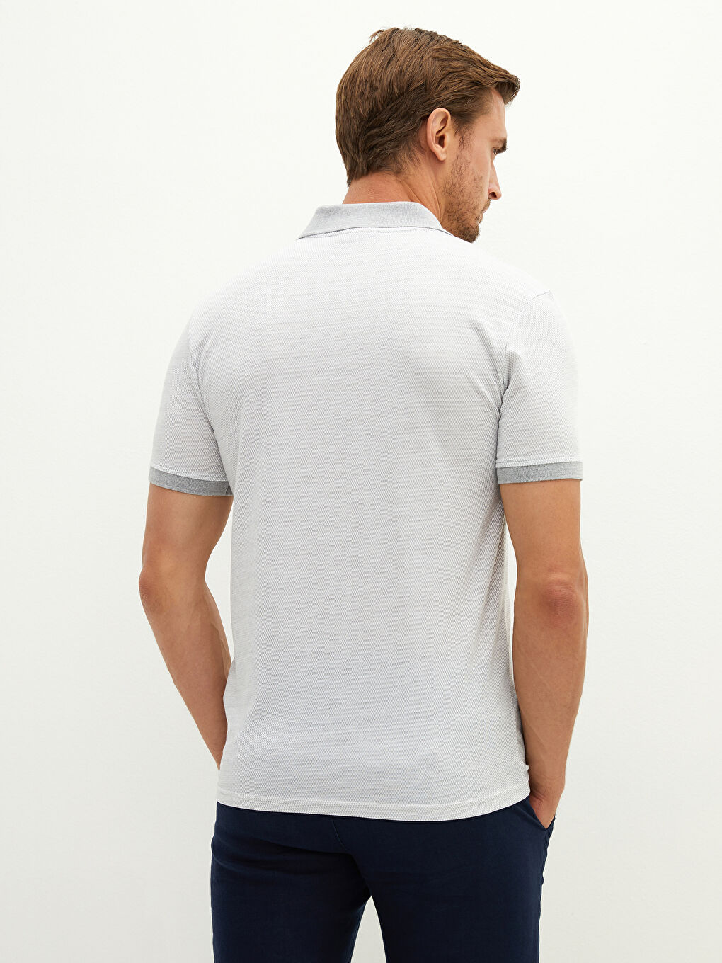 Gri Polo Yaka Kısa Kollu Çizgili Penye Erkek Tişört-3