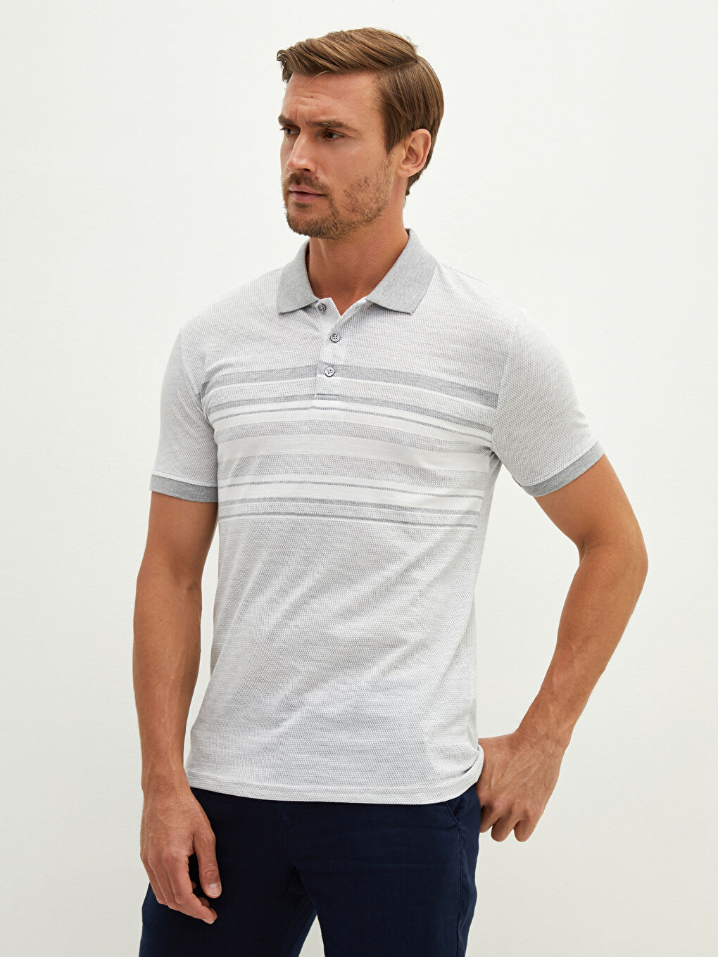Gri Polo Yaka Kısa Kollu Çizgili Penye Erkek Tişört-4