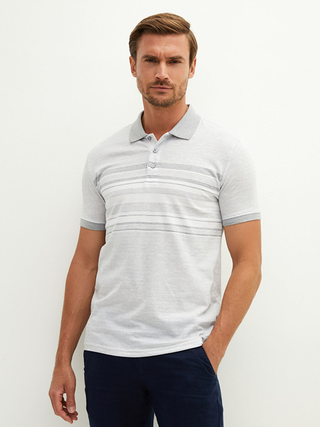 Gri Polo Yaka Kısa Kollu Çizgili Penye Erkek Tişört