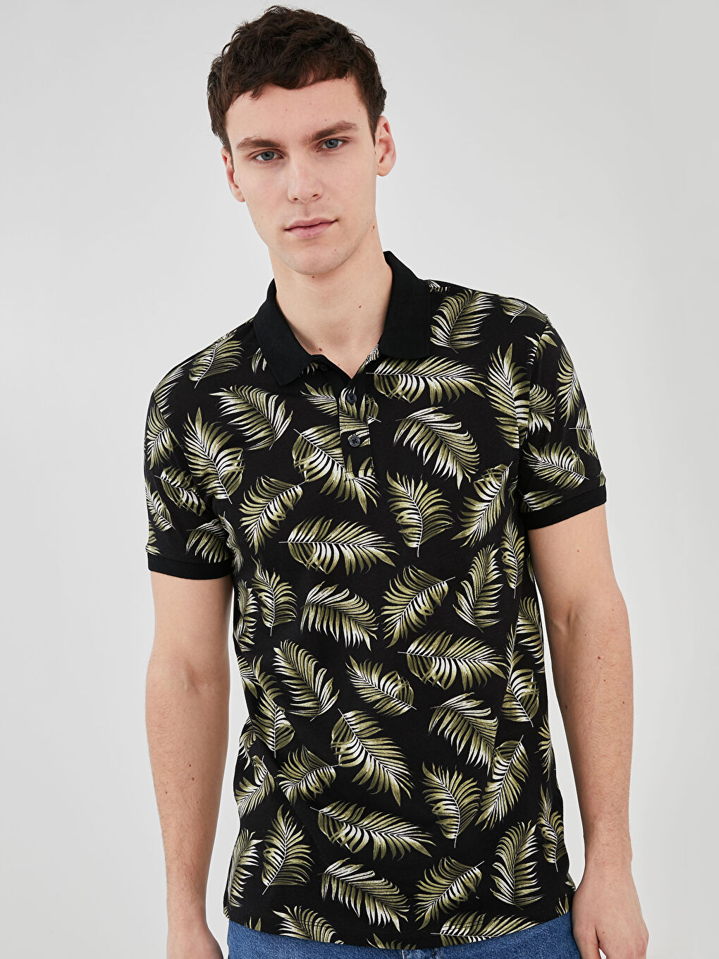 Gri Polo Yaka Kısa Kollu Desenli Penye Erkek Tişört