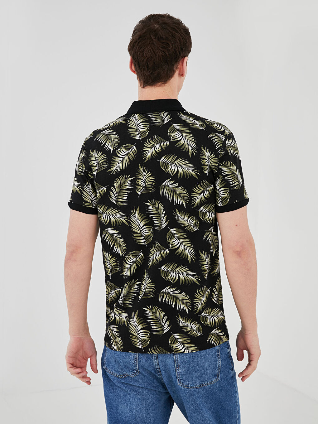 Gri Polo Yaka Kısa Kollu Desenli Penye Erkek Tişört-4