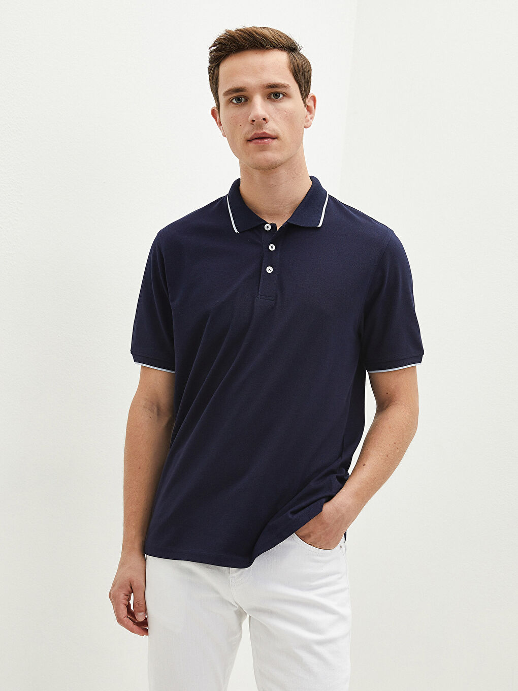 Lacivert Polo Yaka Kısa Kollu Pike Erkek Tişört-1