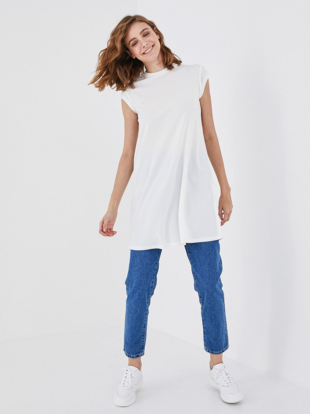 Ekru Bisiklet Yaka Kısa Kollu Krep Tunik-2