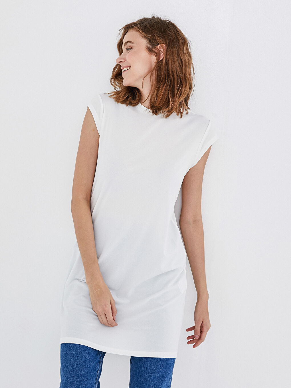 Ekru Bisiklet Yaka Kısa Kollu Krep Tunik-4