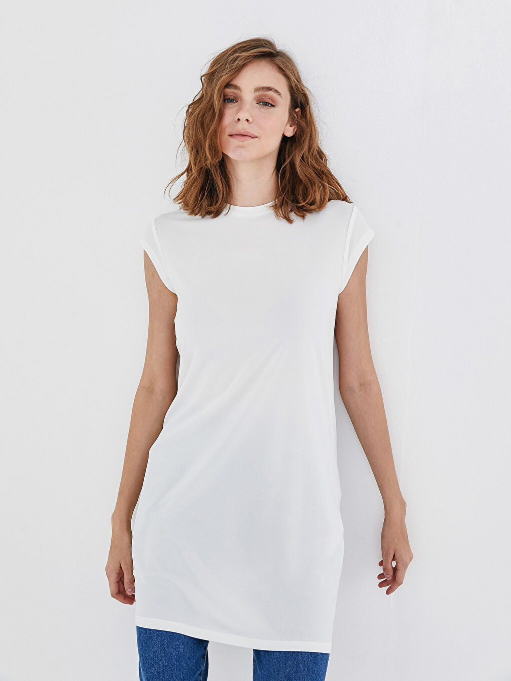 Ekru Bisiklet Yaka Kısa Kollu Krep Tunik