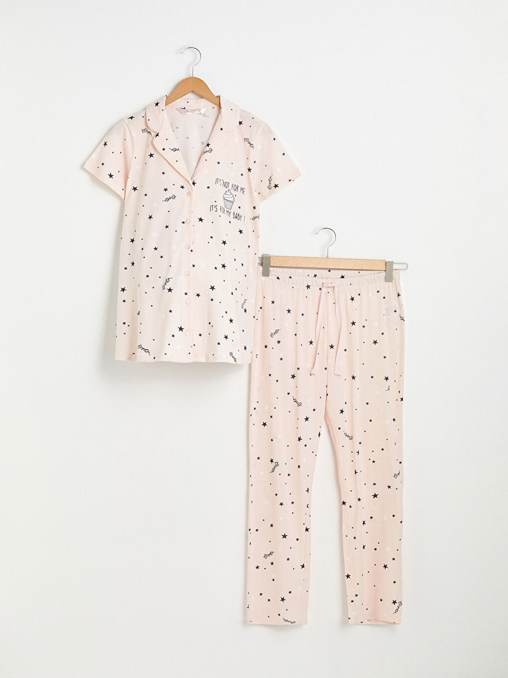 Pembe Gömlek Yaka Slogan Baskılı Kısa Kollu Pamuklu Hamile Pijama Takımı-15