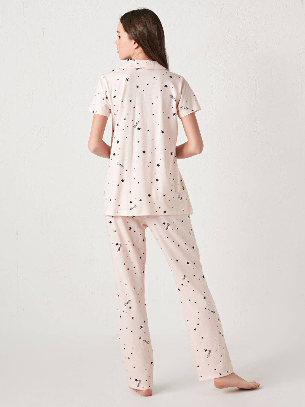 Pembe Gömlek Yaka Slogan Baskılı Kısa Kollu Pamuklu Hamile Pijama Takımı-10